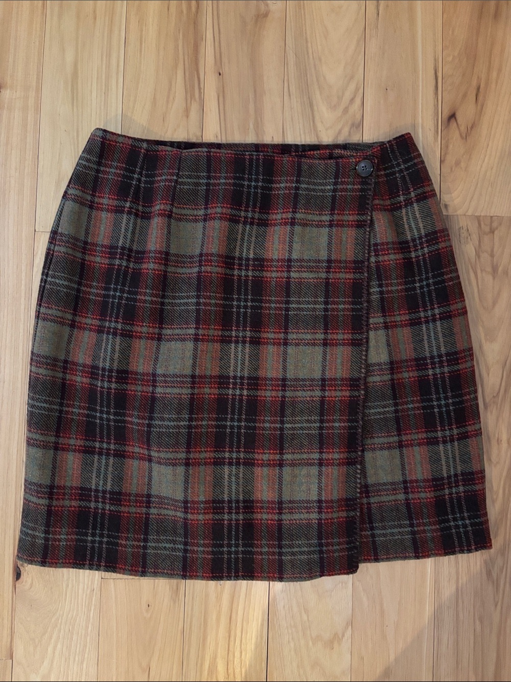 HERMAN GEIST | VTG 90s Brown Tartan Wool A-Line Wrap Midi Skirt | Size 10/12